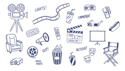 Cinema doodle, movie background. Hand drawn sketch film, cinema element design. Clapperboard, popcorn, film tape doodle vector illustration. © Jevgeniya Mukhitova
