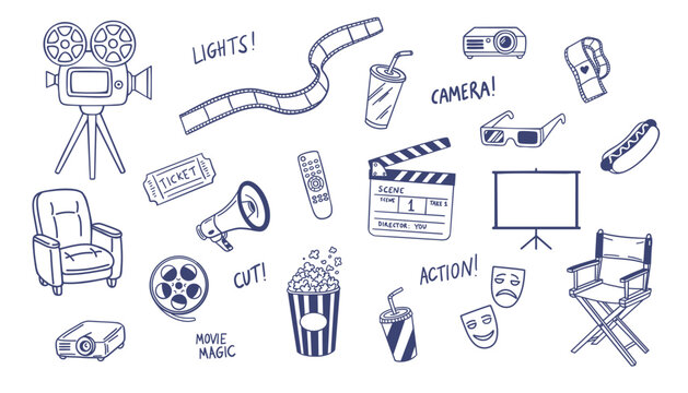 Cinema doodle, movie background. Hand drawn sketch film, cinema element design. Clapperboard, popcorn, film tape doodle vector illustration.