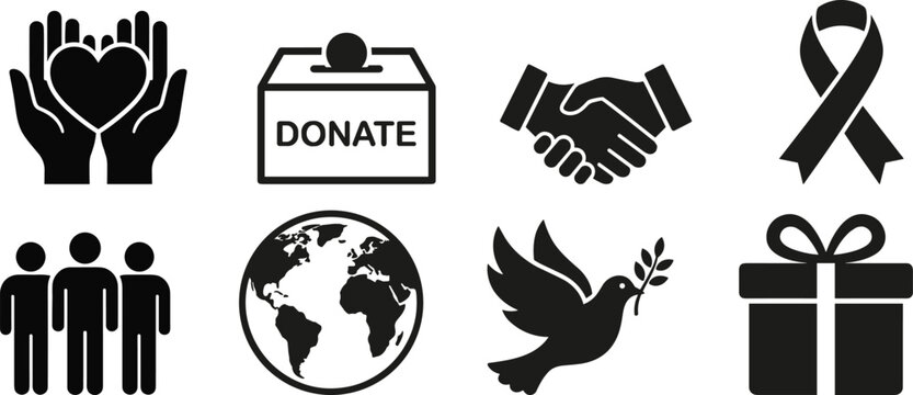 Charity peace icons collection, donation unity global awareness vector illustration, generosity kindness artwork design graphic - black and white flat vector illustration
