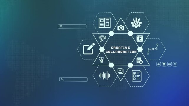 Creative collaboration and remote teamwork concept with connected technology icons for professional design agency workflow and group projects.