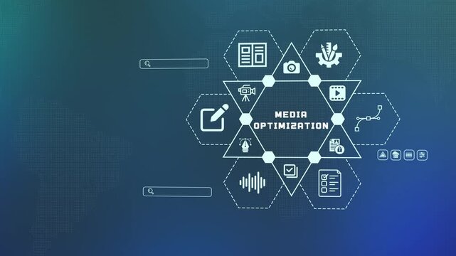  Digital media optimization and content delivery concept with multimedia performance icons for web streaming and high-quality video processing.