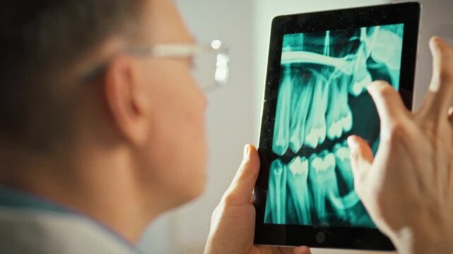 In modern dental clinic, dentist reviews high-resolution tablet with panoramic image of teeth, assessing tooth positions, root details, overall jaw condition, showcasing advanced dental technology