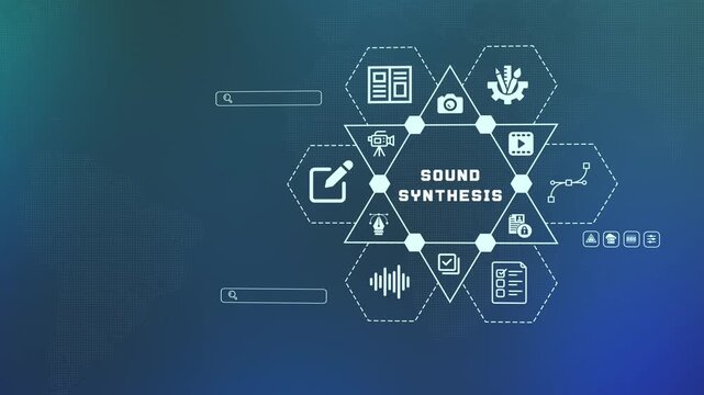 Professional sound synthesis and audio production concept with digital waveform icons for music technology and creative sound engineering.