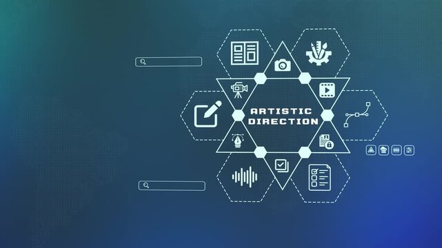 
Futuristic infographic of artistic direction and creative project management with digital HUD interface icons on a dark blue background.