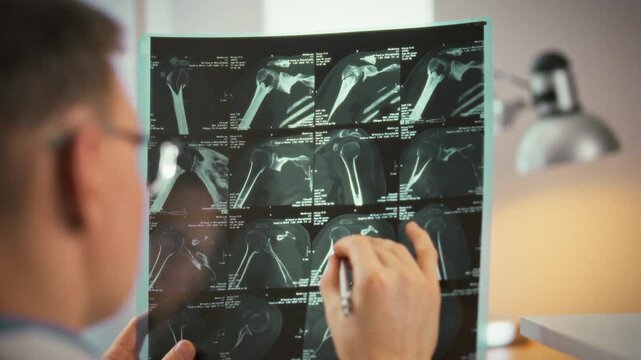 Inside a bright diagnostic room, a doctor scrutinizes MRI scans and X-ray images, evaluating fractures and pinpointing operative challenges, ensuring a thorough examination before surgery