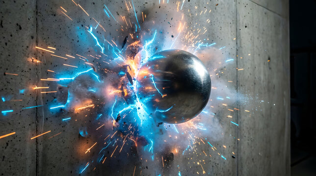 Metal sphere exploding through concrete wall with bright energy sparks and debris