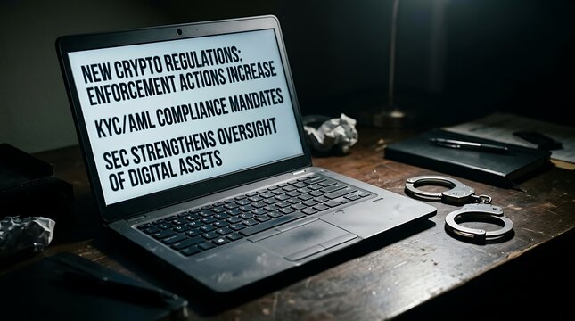 Law enforcement laptop displaying new crypto regulations and SEC oversight of digital assets alongside handcuffs on a desk