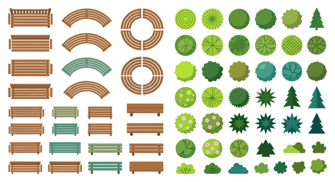 Park elements set benches and trees top view vector illustration