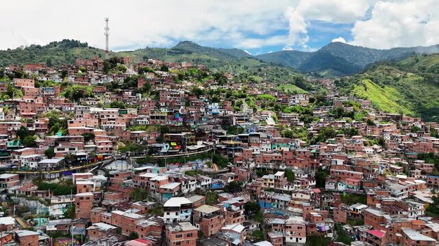 Aerial Drone Footage of Medell&iacute;n Cable Car System &ndash; Comuna 13 Urban Landscape and Mountain City