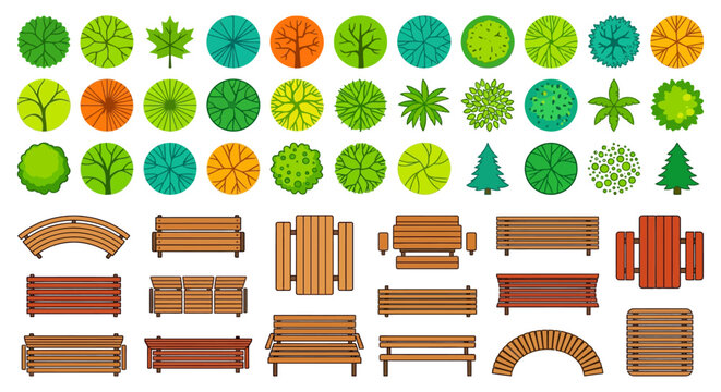 Trees and park benches top view vector illustration set on white background