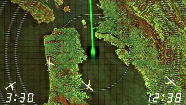 Aircraft, planes as seen on a simulated air traffic control monitor. Multiple aircraft symbols passing across screen with circular radar over a rough map of San Francisco, California and Oakland.