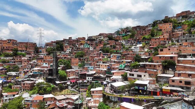 Aerial Drone Footage of Medell&iacute;n Cable Car System &ndash; Comuna 13 Urban Landscape and Mountain City