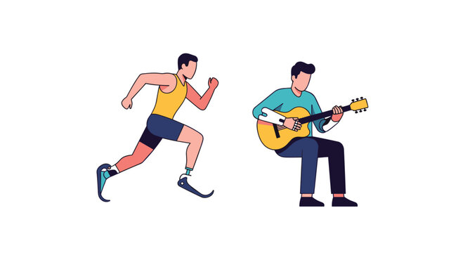 A double illustration showcasing an active individual with a prosthetic limb running alongside a musician performing with an acoustic guitar in a minimalist style.