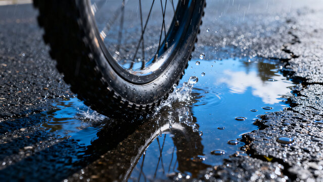 Wheel in Reflection: A close-up shot of a bicycle tire disrupting the placid surface of a puddle, creating a beautiful reflection. Capturing motion, detail, and environmental interaction.
