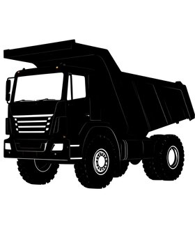 A black silhouette of a large dump truck against a white background