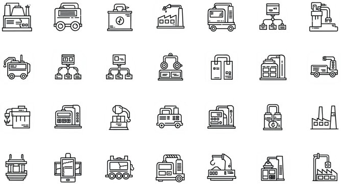 Industrial logistics and manufacturing line icon set with trucks, factories, machines, warehouse, supply chain and production equipment for business and industry design