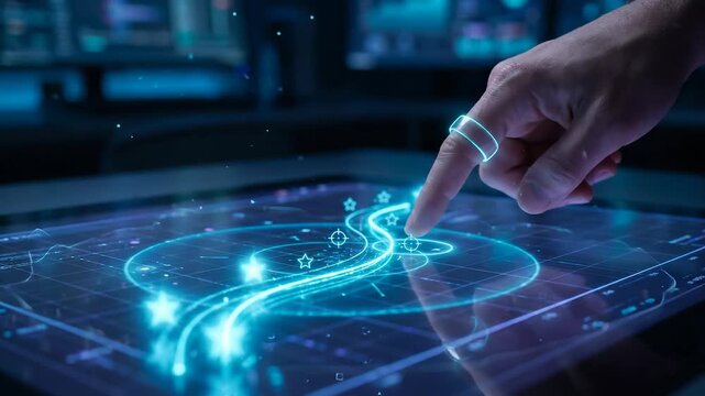AI SEO assistant data, Futuristic technology interface hologram touch screen digital data holographic display neon light glowing blue line human hand virtual control low