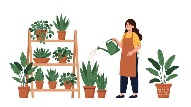 Young woman in an apron watering multiple tiers of potted houseplants and flowers on a wooden shelf in a bright indoor garden.