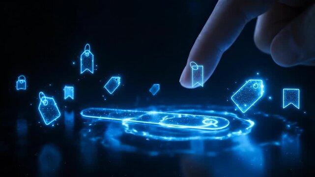 AI SEO assistant data, Search bar digital tag icon blue neon glow finger hand touch online search data interface low motion slow futuristic network innovation