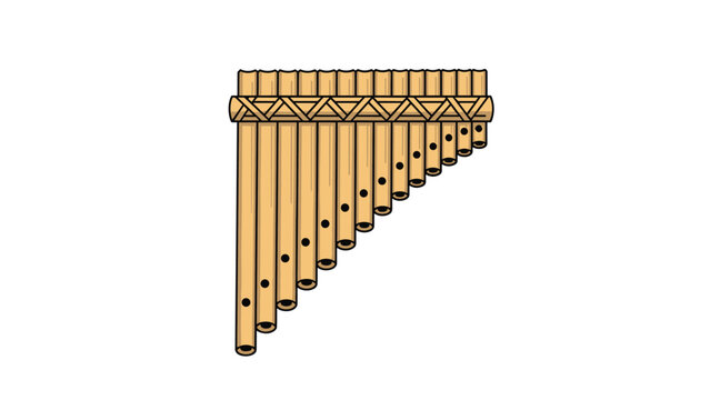 Traditional bamboo pan flute musical instrument with pipes of varying lengths tied together with a decorative patterned band on white.