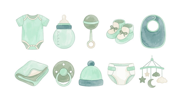 Watercolor Mint Baby Essentials Clipart Set &ndash; Onesie Bottle Rattle Booties Bib Blanket Pacifier Beanie Diaper Mobile Bundle, Simple Mint Gender Neutral Baby Shower Style