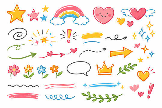 Set of Cute Hand Drawn Doodle Elements Featuring Stars, Hearts, Arrows, Rainbow, Flowers, Crown, and Speech Bubble. Colorful Sketch Icons for Decoration, Journaling, and Creative Graphic Design.