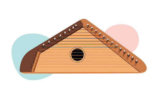 Traditional wooden gusli musical instrument with multiple strings on a triangular body displayed against soft colored circular shapes.