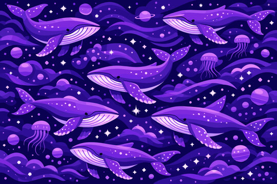 Whimsical Seamless Pattern of Purple Humpback Whales Swimming in a Surreal Ultra Violet Deep Space Ocean with Jellyfish, Planets, and Stars; Celestial Cosmic Vector Illustration Background.