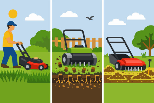 Lawn Care Maintenance Services Illustration Set Featuring a Man Mowing Grass, Core Aeration Process with Soil Plugs, and Scarification for Dethatching a Healthy Green Garden Yard Landscape.
