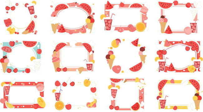 Bright summer fruit and dessert frame set with watermelon, citrus, ice cream and juice decorative borders for invitations, cards and seasonal design compositions