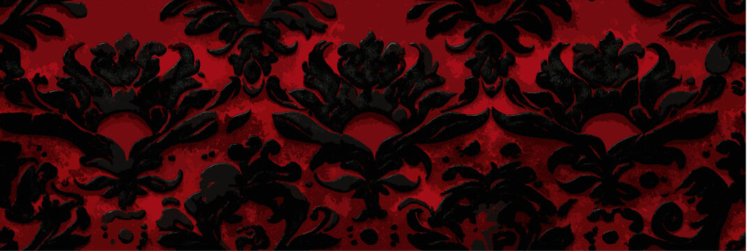 Dark red damask pattern on black background. Ornate gothic floral pattern creating a luxurious vintage texture