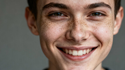 Obraz premium Radiant Smile: A close-up shot of a young person's face, displaying a warm smile and adorned with freckles, radiates pure joy and happiness. 