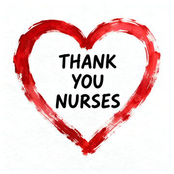 Thank You Nurses message in red watercolor heart, medical appreciation greeting, hand painted heart shape for healthcare workers isolated on White Background
