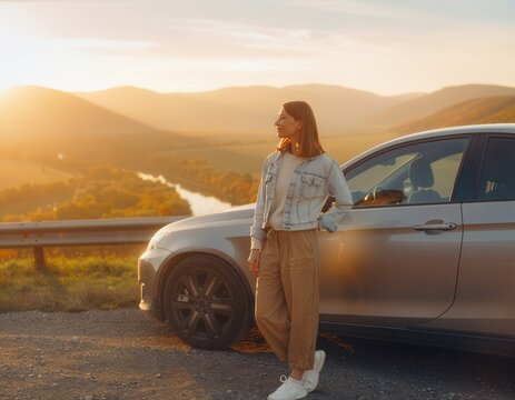 Wanderer's golden vista a tranquil moment by the car during sunset's embrace