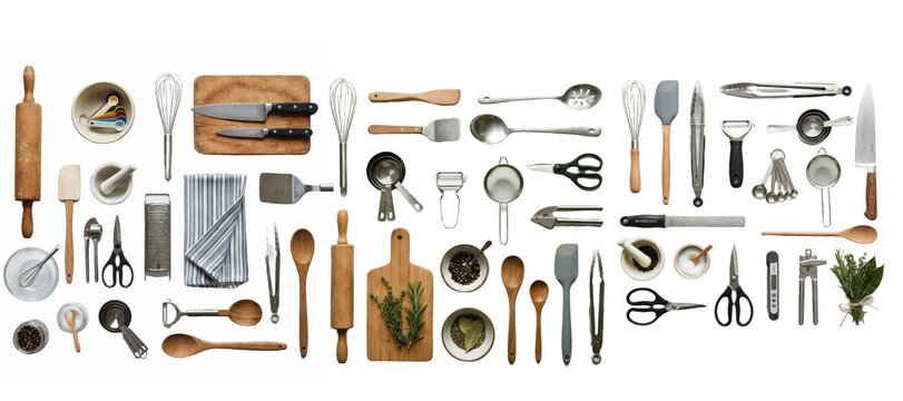 set of assorted kitchen tools overhead flat lay including spoons knives graters bowls boards tongs peelers whisks and herbs png file

