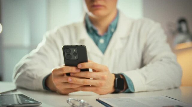 Smartphone in a physician's office glows as the young doctor sits, typing a text message. This moment underscores how modern medical practice relies on mobile technology for swift communication