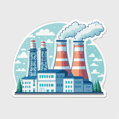 Naklejka premium Industrial Power Plant with Cooling Towers and Smoke
