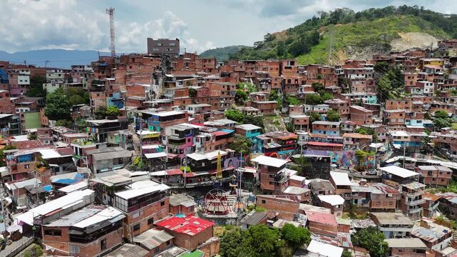 Aerial Drone Footage of Medell&iacute;n Cable Car System &ndash; Comuna 13 Urban Landscape and Mountain City