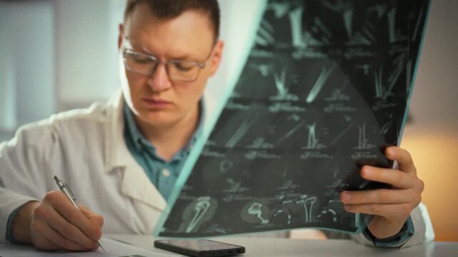 In bright medical office, doctor meticulously records injury details in patient's file and examines a large MRI film, studying various images of the fracture from multiple angles to inform treatment