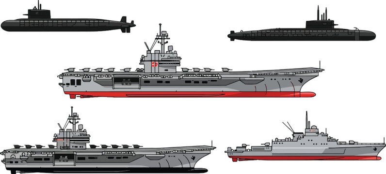 Military naval ships set submarines aircraft carriers and warships modern navy vector illustration collection