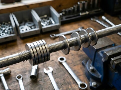 Closeup of metal threaded rod with washers on a workbench with tools