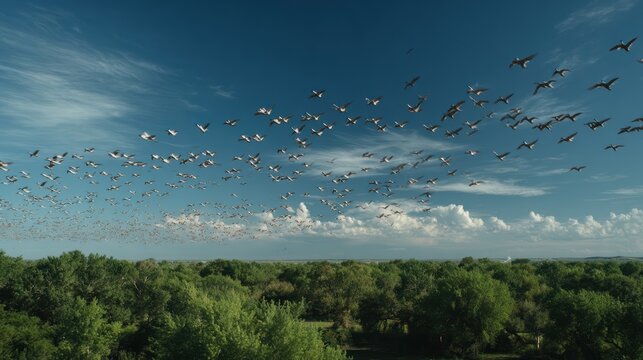 Flock of birds flying over green forest under blue sky