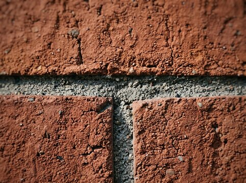 Closeup of weathered red brick wall with gray mortar joints and cracks
