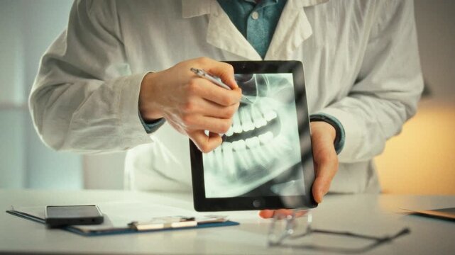 In bright modern dental office, the dentist conducts consultation with patient, displaying panoramic tooth image on touch tablet, pinpointing problem areas and clearly outlining each treatment stage