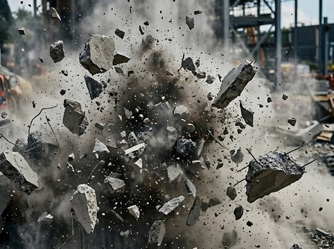 Demolition site with concrete debris flying through the air in explosion cloud