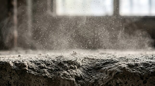 Dust particles flying through air in dimly lit dirty room interior space