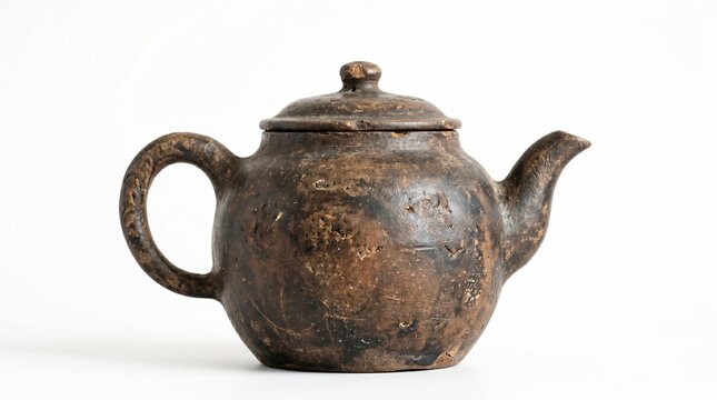 Vintage Rustic Clay Teapot for Traditional Tea Ceremonies Isolated on White