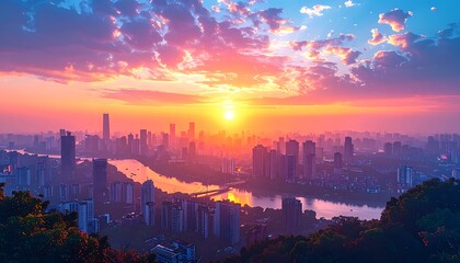 Obraz premium Vibrant cityscape at sunset with river and skyline