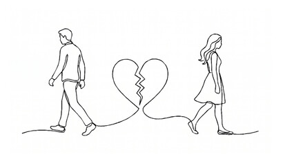 Couple walking apart with broken heart continuous line art breakup separation concept vector © MdToufik