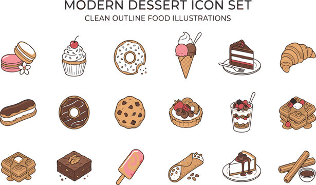 Adobe Illustrator Artwork Modern Dessert Icon Set and Clean Outline Food Illustrations